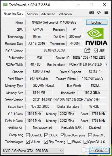 MSI armor GeForce GTX 1060 6G