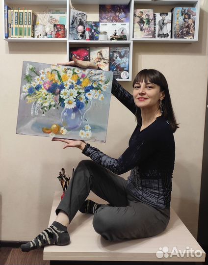 Картина маслом натюрморт с полевыми цветами, яркий