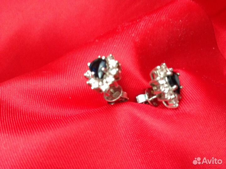 Кольцо, пуссеты(серьги гвоздики) серебро сапфир