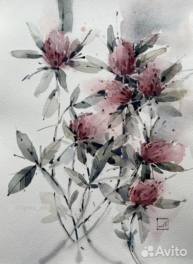 Картина акварель цветы клевер живопись