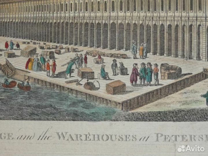 Старинная гравюра Вид Биржи и Гостиного двора 1770