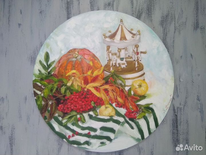 Картина маслом с рябиной на круглом холсте