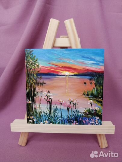 Картина маслом Летний пейзаж Закат над озером