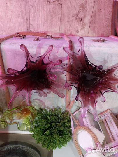 Ваза для фруктов цветное стекло Чехия