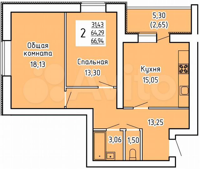 2-к. квартира, 66,9 м², 9/9 эт.