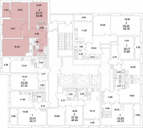 3-к. квартира, 68,9 м², 18/22 эт.