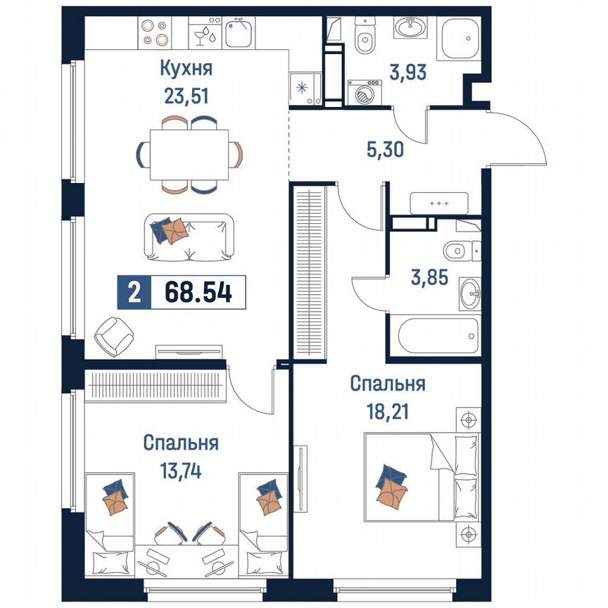 2-к. квартира, 68,5 м², 12/18 эт.