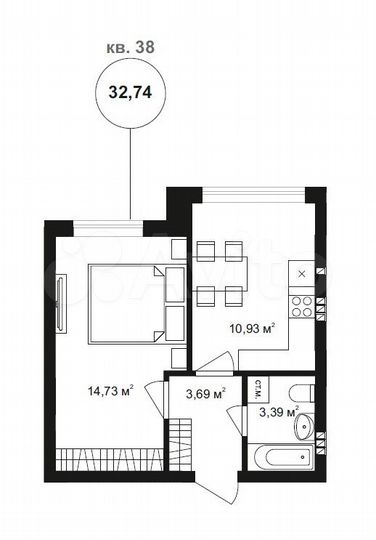 1-к. квартира, 32,7 м², 2/4 эт.