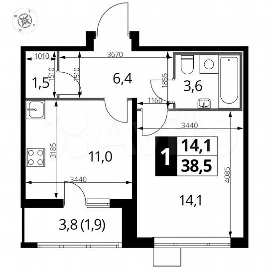 1-к. квартира, 38,5 м², 20/22 эт.