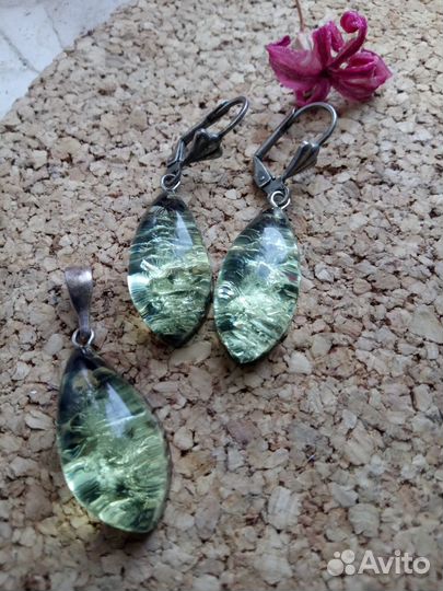 Комплект серьги и кулон, янтарь имитация