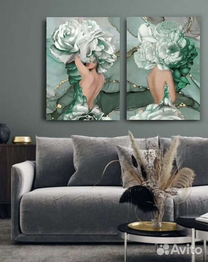 Картины на холсте Девушки с пионами для интерьера