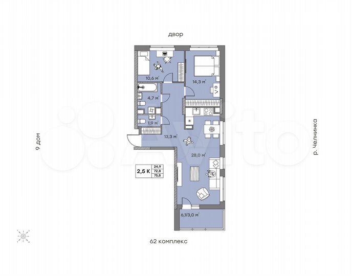 2-к. квартира, 75,8 м², 3/16 эт.