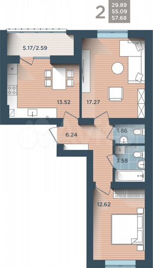 2-к. квартира, 57,7 м², 3/4 эт.