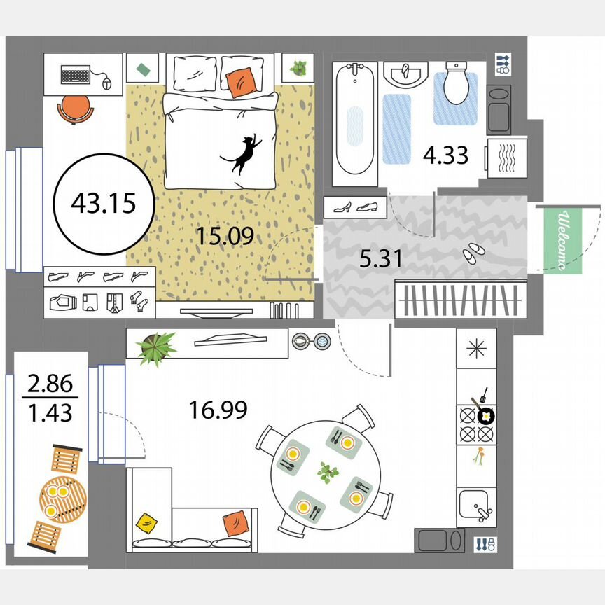 1-к. квартира, 43,2 м², 7/12 эт.