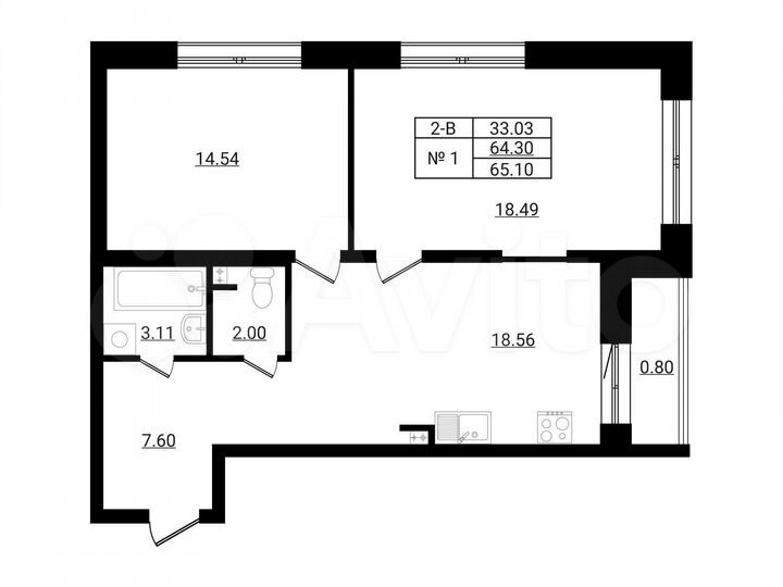 2-к. квартира, 65,1 м², 1/9 эт.