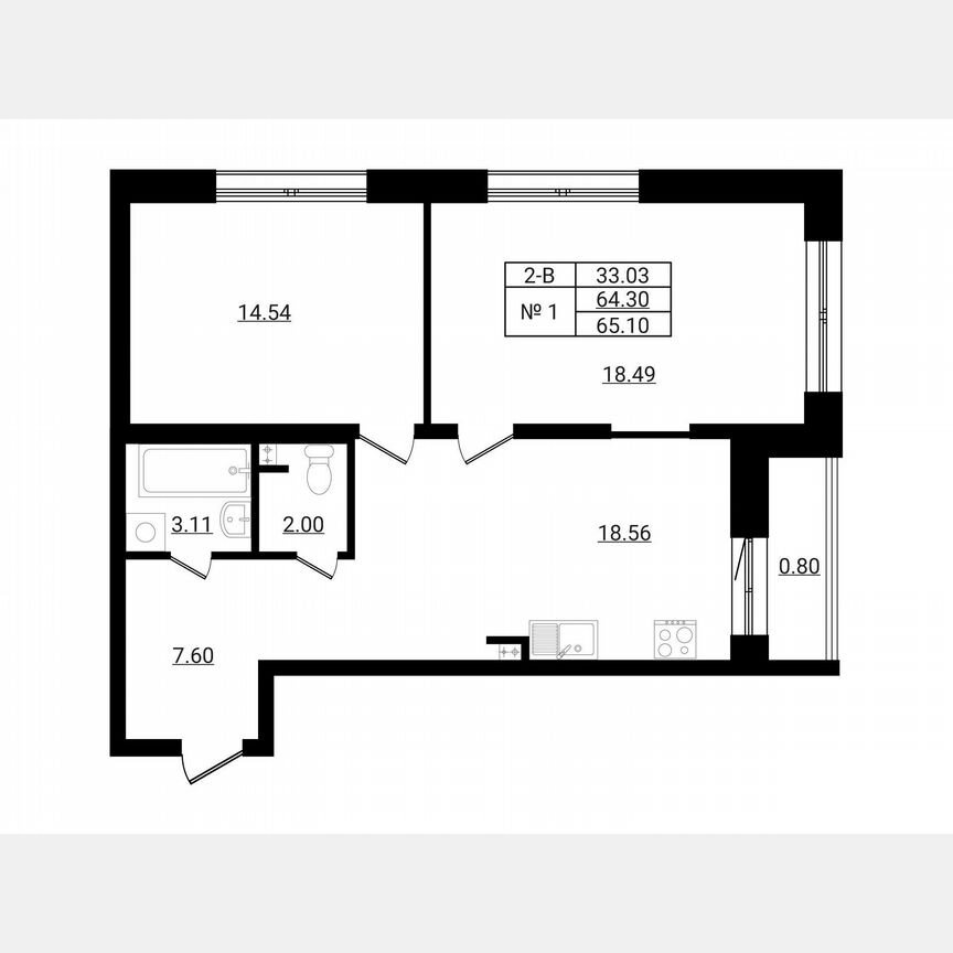 2-к. квартира, 65,1 м², 1/9 эт.