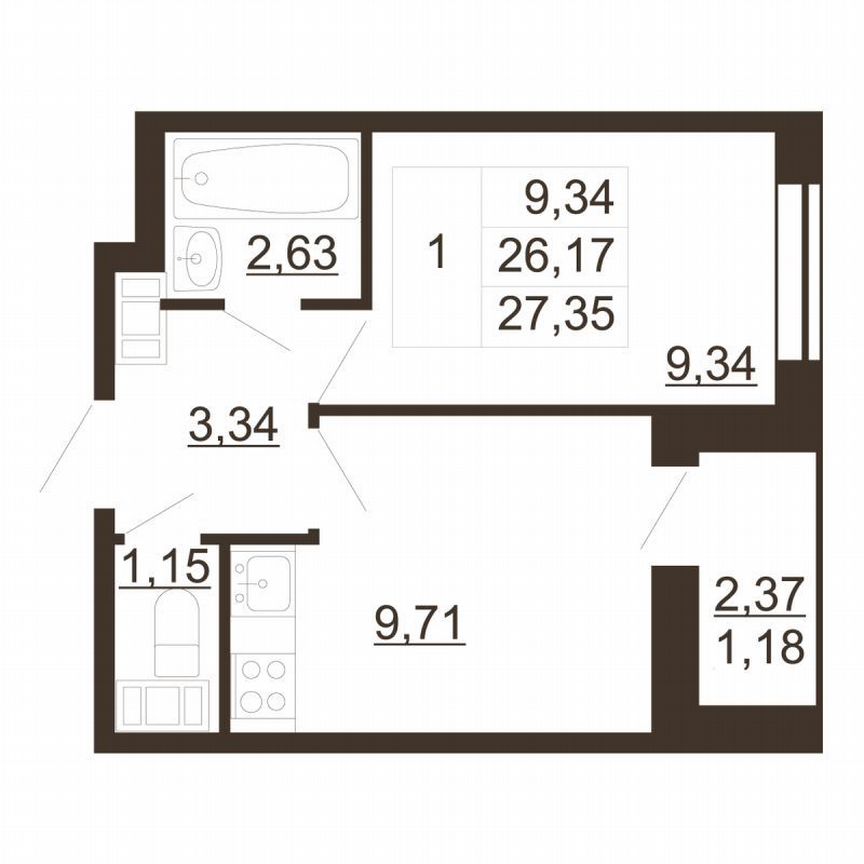 1-к. квартира, 27,4 м², 3/6 эт.