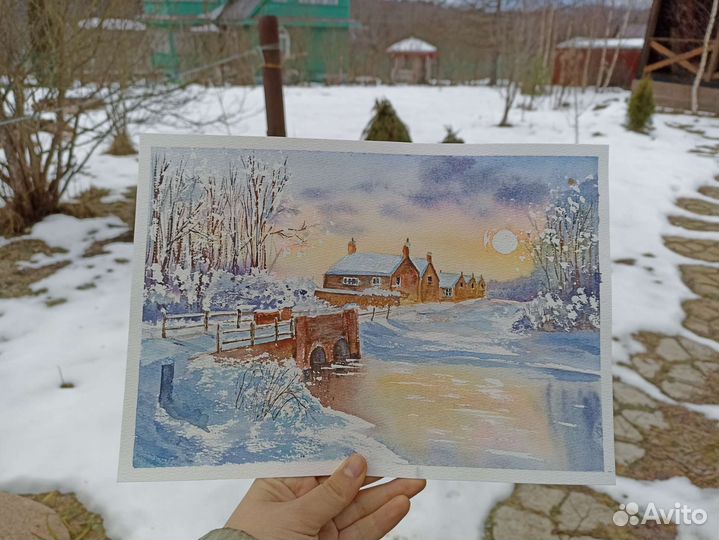 Картина акварелью Зимний пейзаж