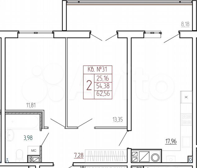 2-к. квартира, 62,6 м², 8/9 эт.