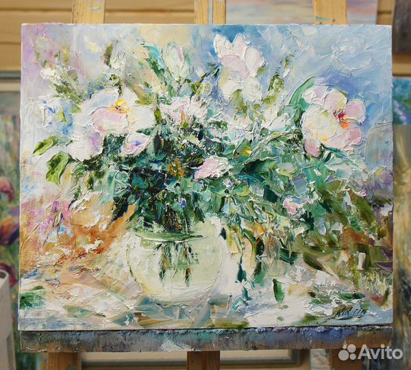 Картина маслом. Белые цветы. 40х50 см