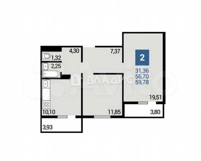 2-к. квартира, 64 м², 5/16 эт.