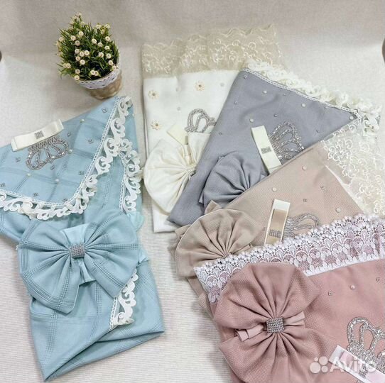 Льняной плед на выписку и бант резинке