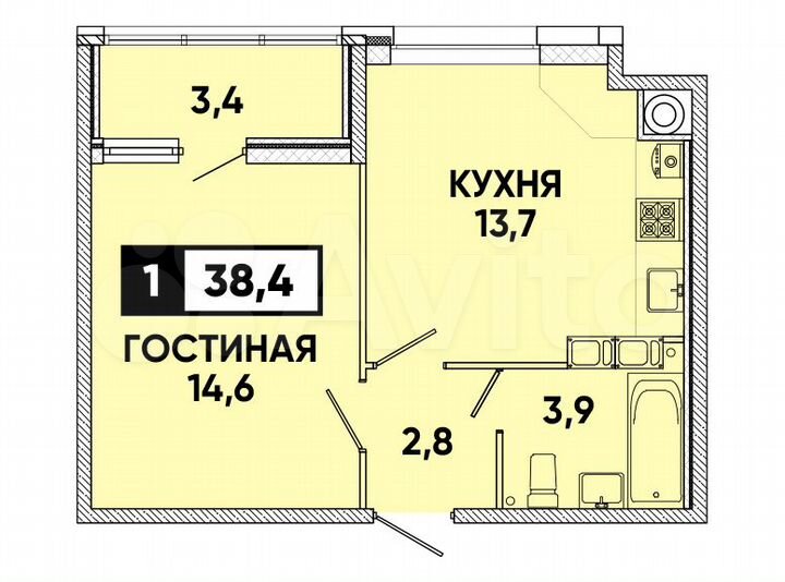 1-к. квартира, 38 м², 4/12 эт.