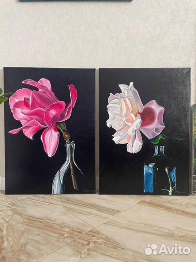 Картина маслом 2 шт. цветы роза