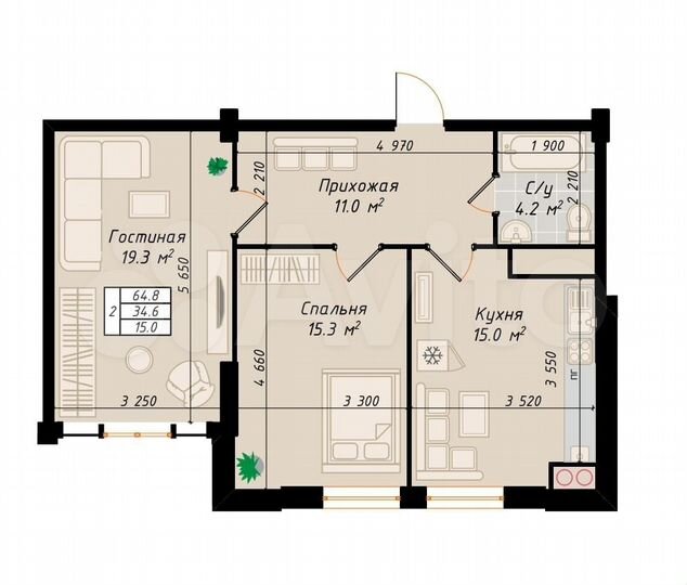 2-к. квартира, 64,8 м², 4/10 эт.