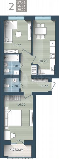 2-к. квартира, 58,8 м², 1/4 эт.