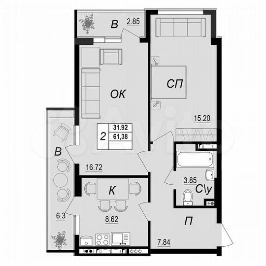 2-к. квартира, 61,4 м², 2/10 эт.