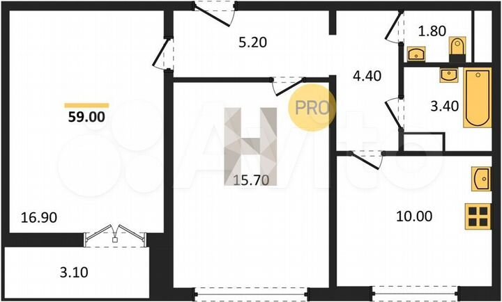 2-к. квартира, 59 м², 4/15 эт.