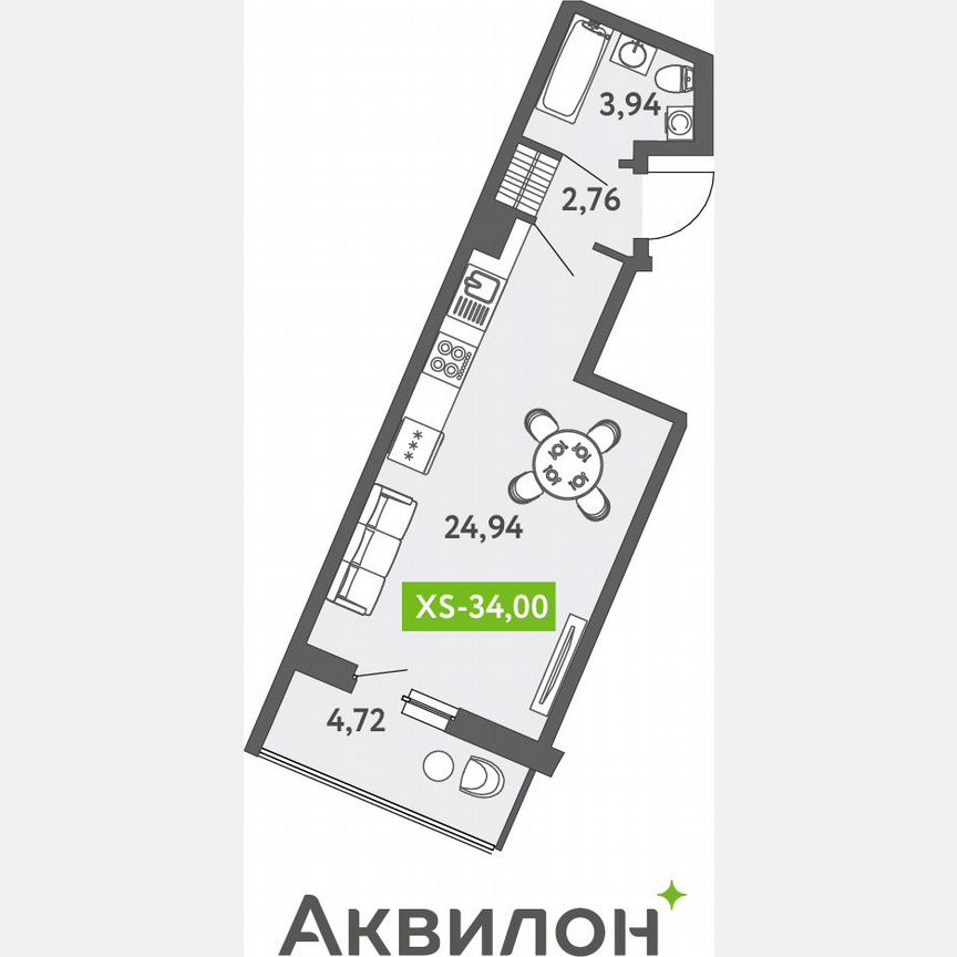 Квартира-студия, 34,3 м², 12/13 эт.