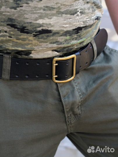 Ремень армейский кожаный, латунь, черный (130)