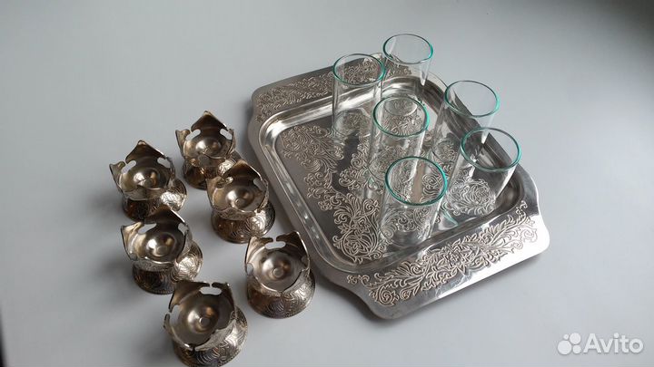 Рюмки с мельхиор. подносом, 80 год, ручная работа
