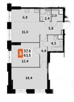 3-к. квартира, 63,5 м², 5/44 эт.