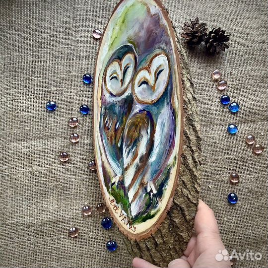 Картина маслом Совы на спиле дерева 35х16 см