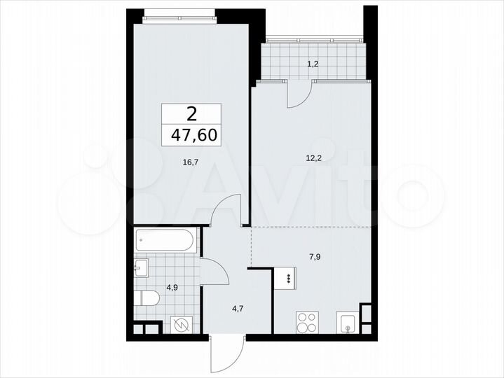 2-к. квартира, 47,6 м², 9/16 эт.