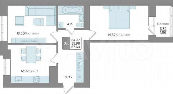 2-к. квартира, 56 м², 1/9 эт.