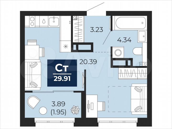 Квартира-студия, 29,9 м², 6/22 эт.