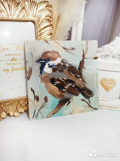 Картина воробей на ветке масло холст живопись