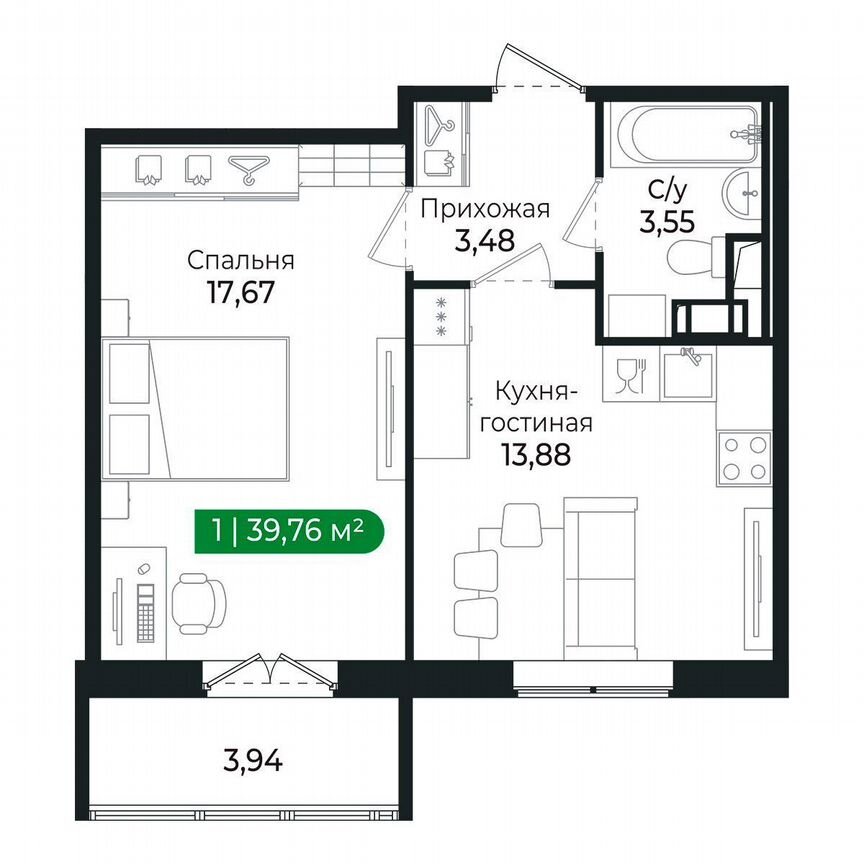 1-к. квартира, 39,8 м², 8/8 эт.