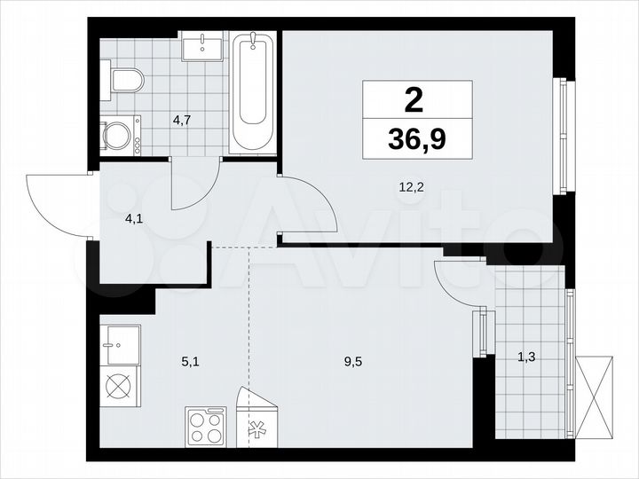 2-к. квартира, 36,9 м², 9/18 эт.