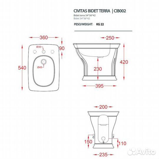 Artceram civitas Биде напольное 36х54 см, с крепеж. с 1 отв под смес, цвет: белый