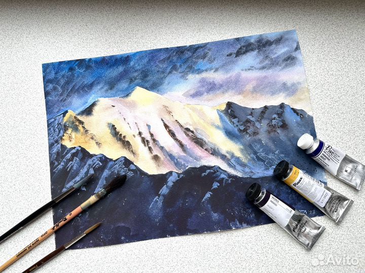 Акварель «Горы на закате»