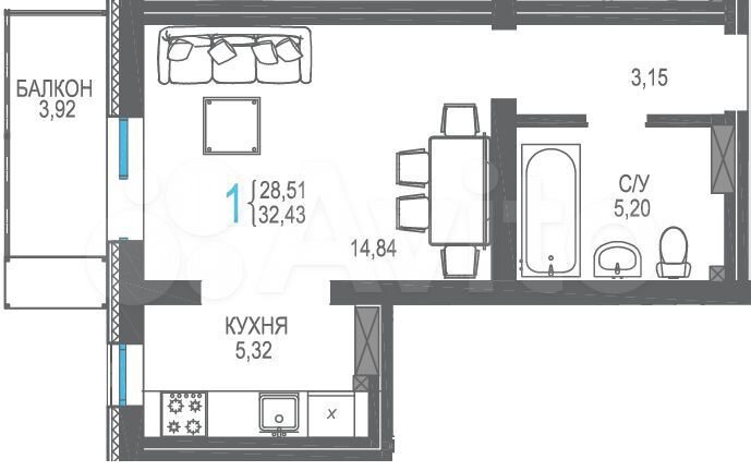 1-к. квартира, 32,4 м², 9/16 эт.