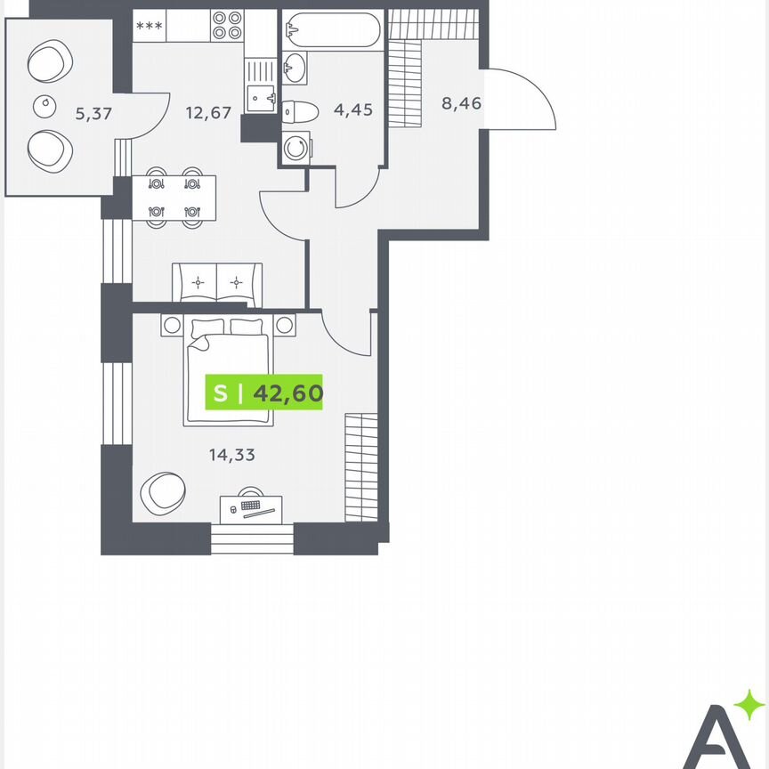 1-к. квартира, 42,4 м², 2/12 эт.