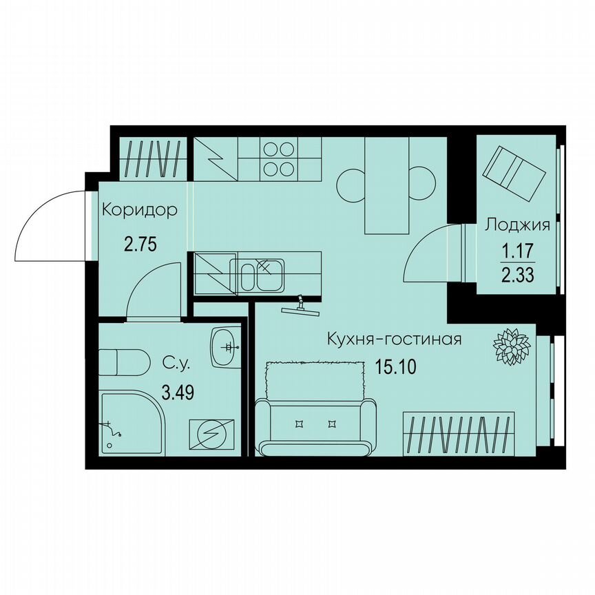 Квартира-студия, 22,5 м², 2/9 эт.