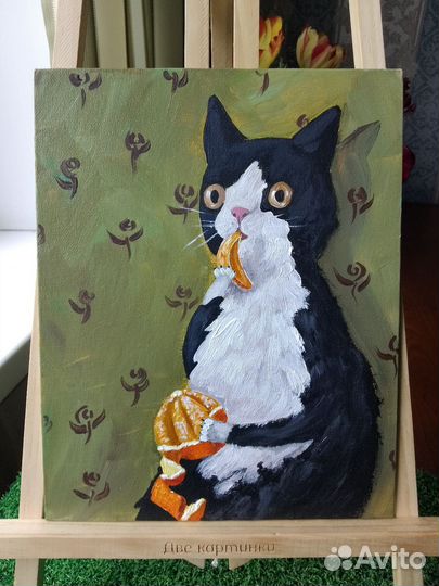 Картина Кот с апельсином холст 20*25 см