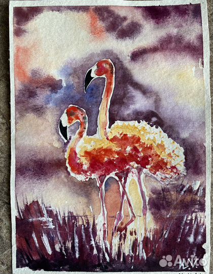 Картина акварелью «Фламинго»